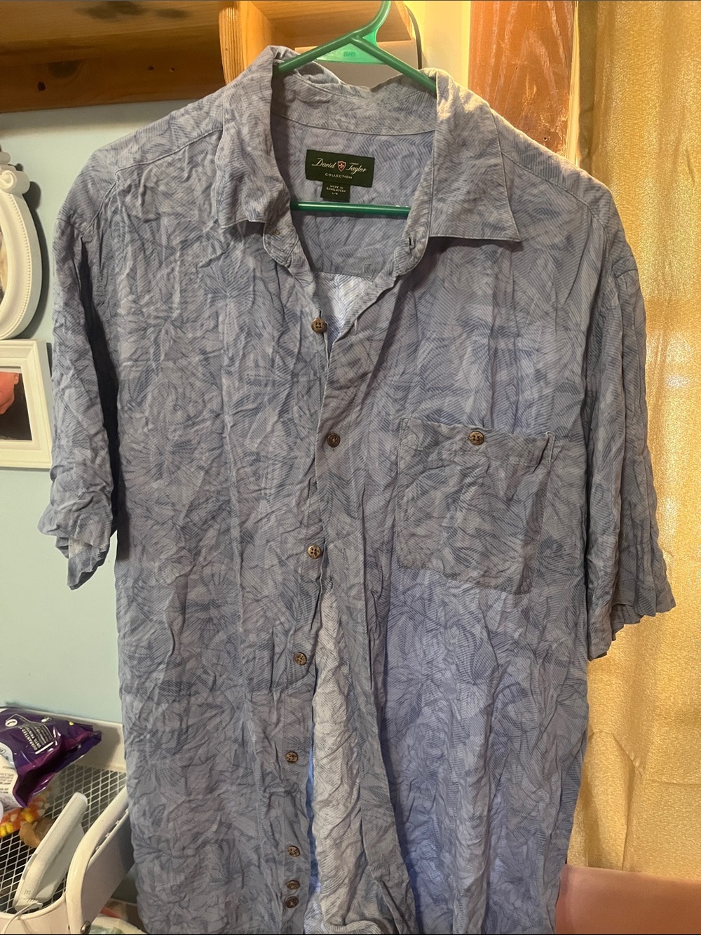 David Taylor Light Blue Short Sleeve Shirt with Subtle Leaf Print